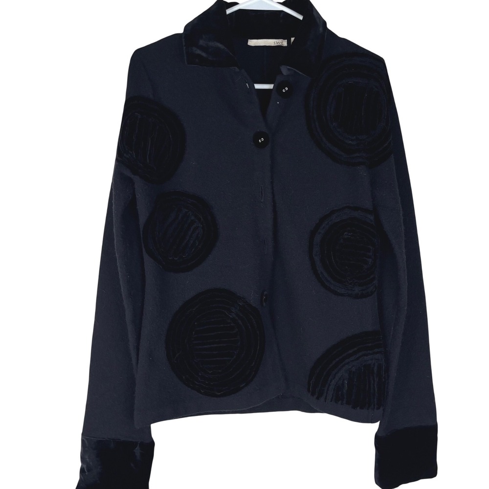 SWE Cardigan Jacket Womens Medium Black Wool Blend Velvet Trim Circle Applique